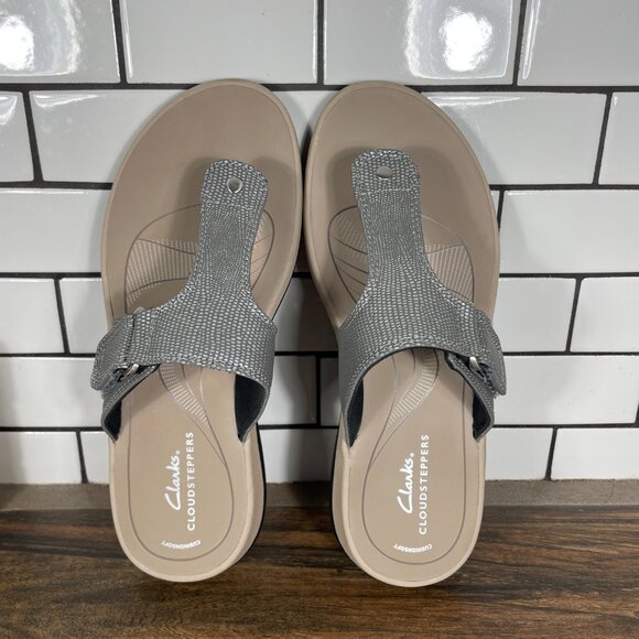 Clarks Glide Walk Womens Size 8 Shoes Pewter T Strap Cloudsteppers Thong Sandals - Picture 8 of 14